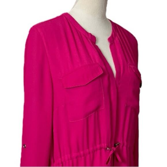 DR2 Dress Shirtdress Drawstring Waist Tabbed Sleeves Hot Pink Women’s Size Large - Picture 6 of 11